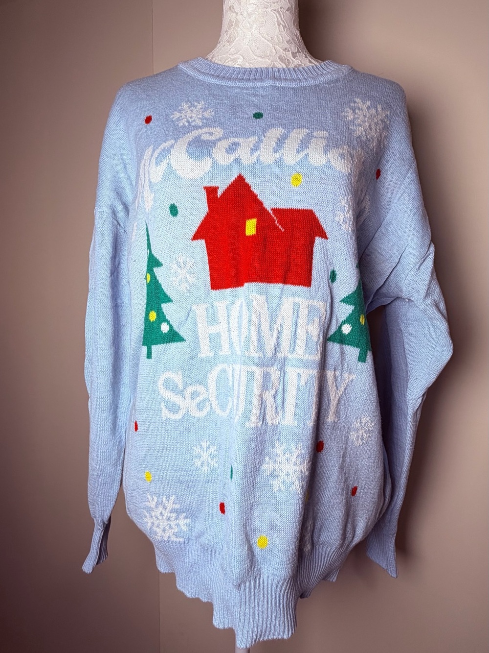 Light Blue Holiday 'Home Security' Knit Sweater with Festive House Motif